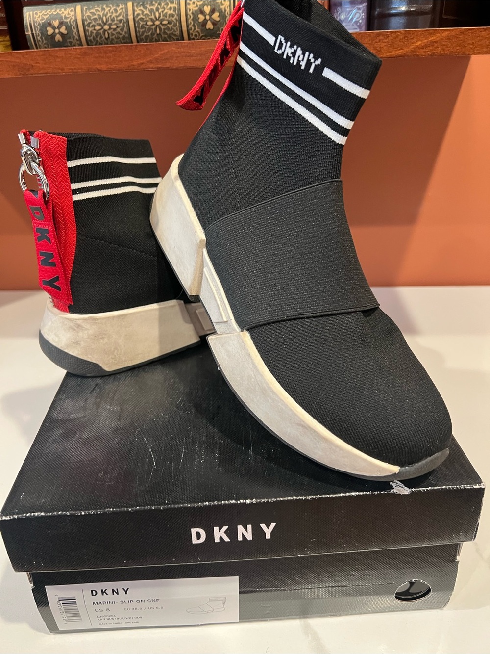 DKNY Women  Black and Red Sock Sneakers with White Stripes